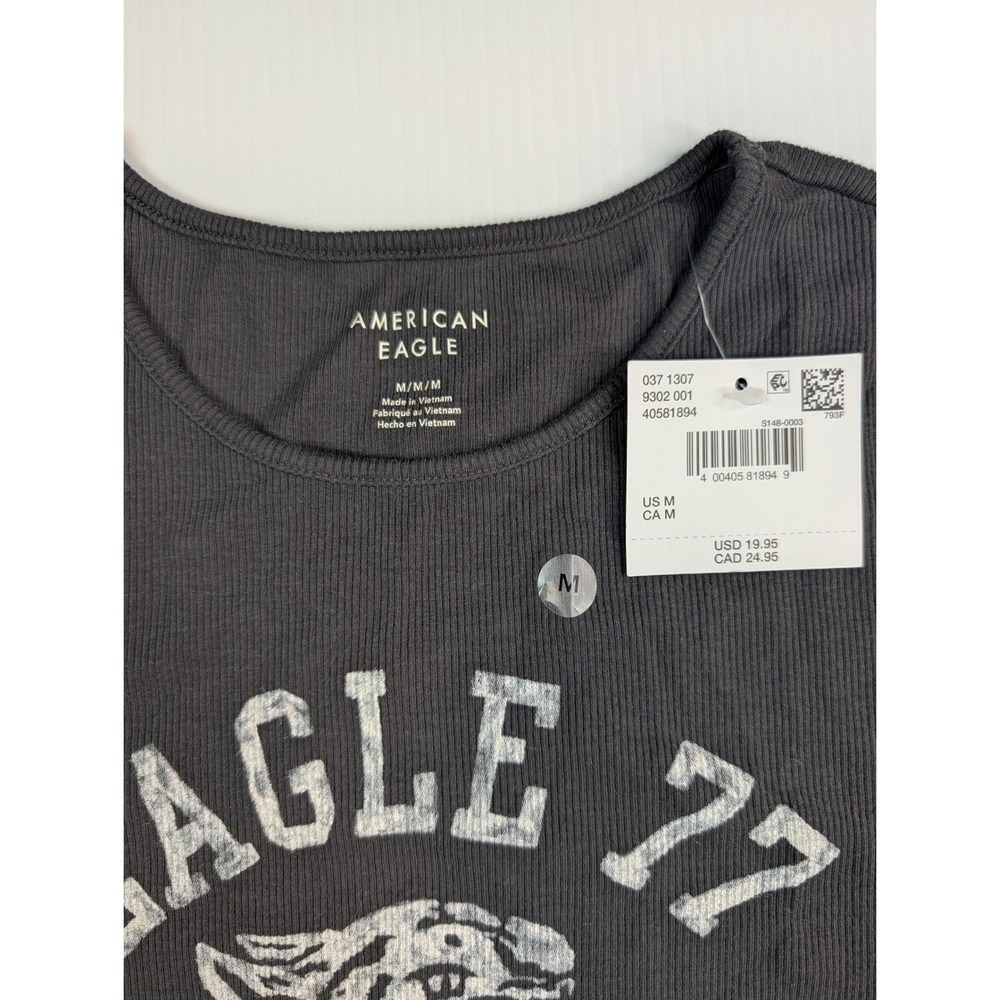 American Eagle Grey Ribbed Graphic Baby Tee Eagle 77 Tiger Short‎ Sleeve Medium - Picture 2 of 10